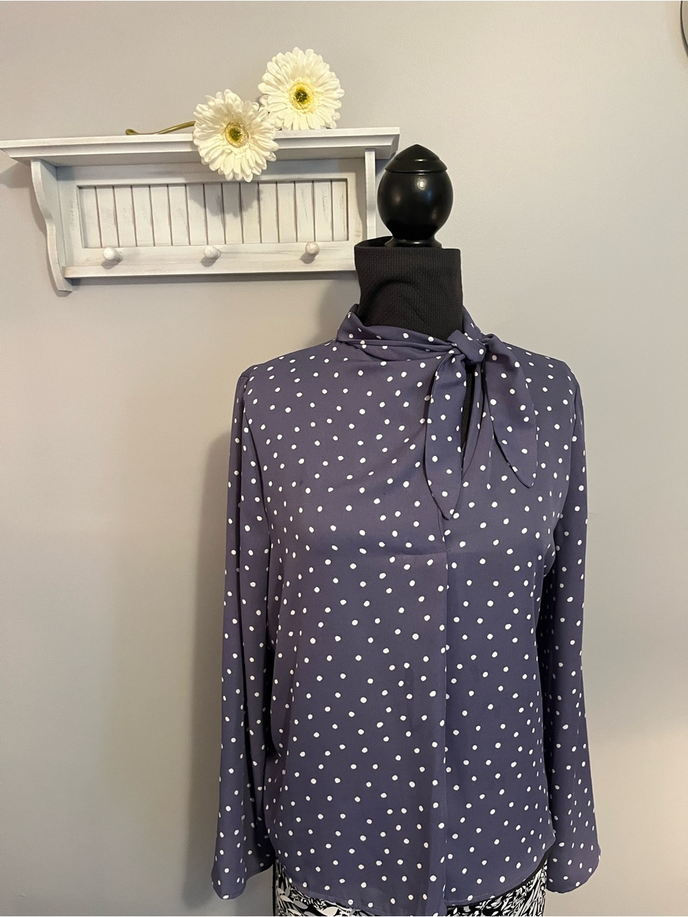 Mango Lavender Polka Dot Tie-Neck Blouse EUC